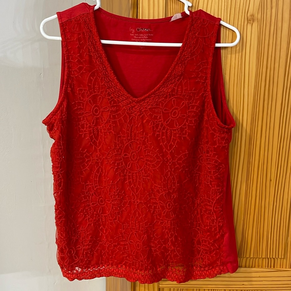 BY CHICOS Women’s Size 3 Red Lined Embroidery V-Neck Sleeveless Comfy Cotton